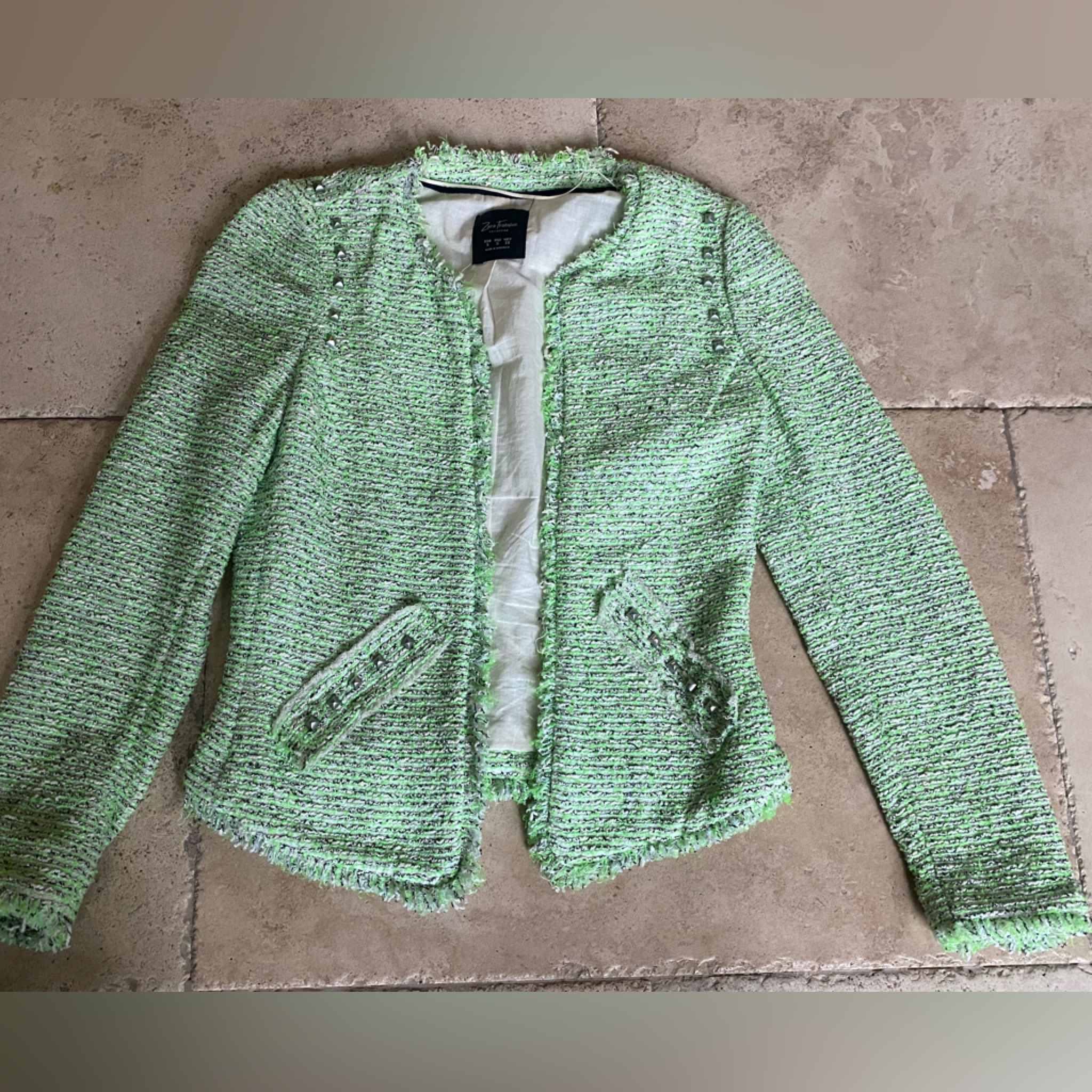 Zara Neon Green Black & White Tweed Studded Blazer Small